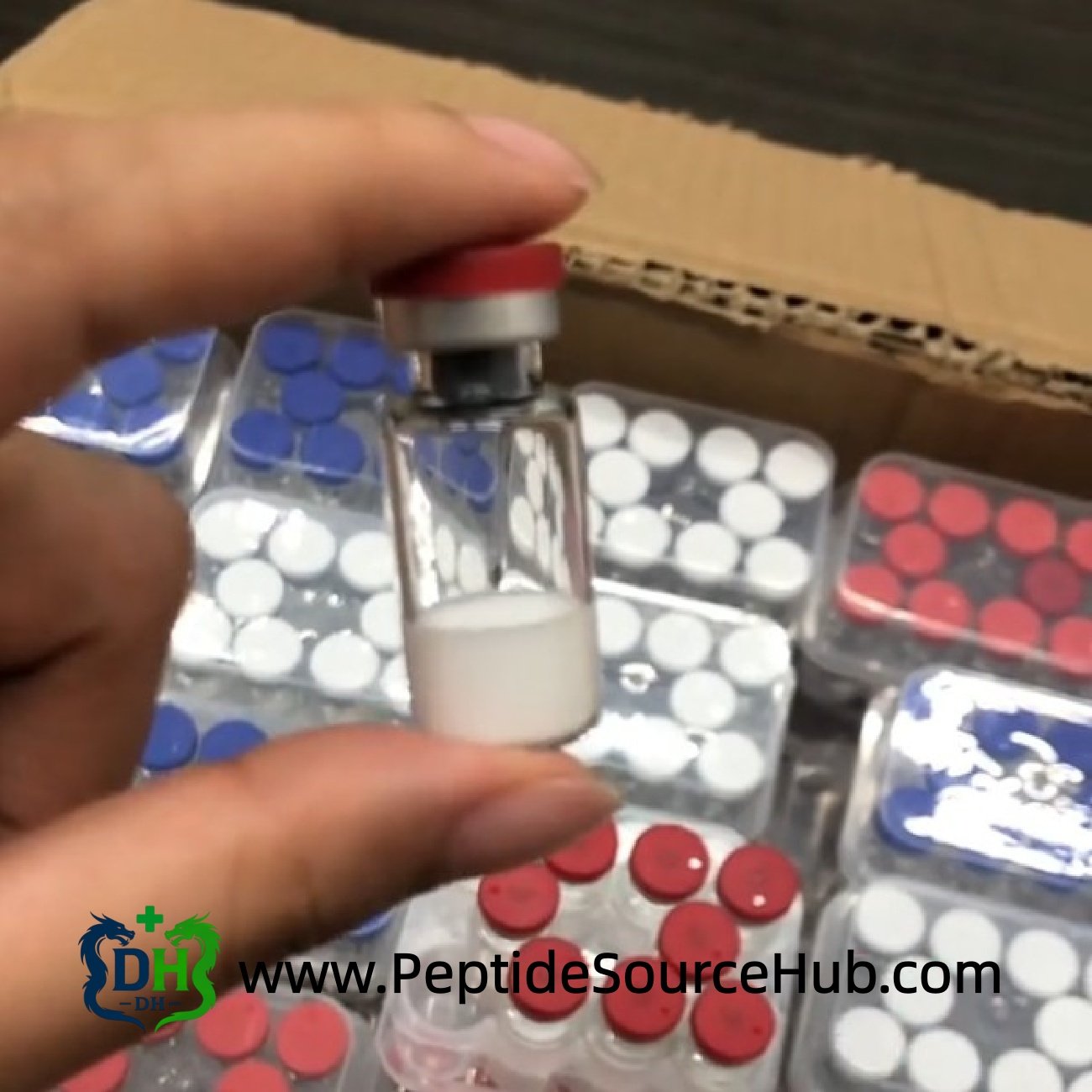 Adipotide peptide vial in hand with bulk inventory background, wholesale supplier