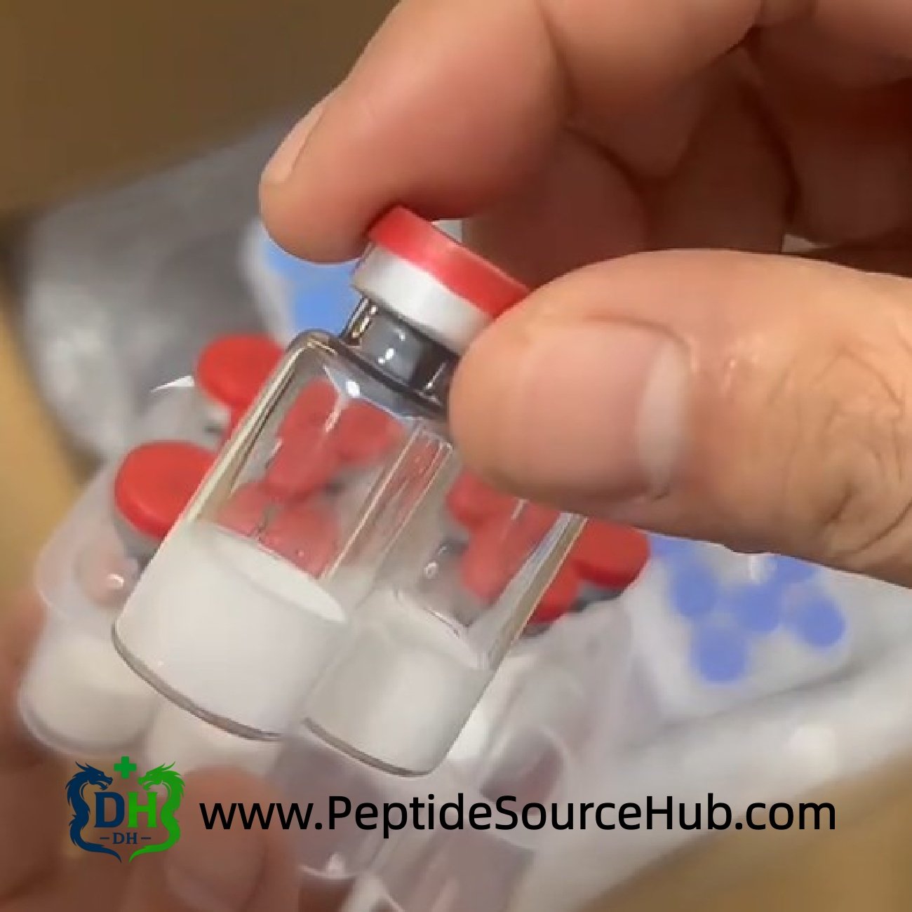 Adipotide peptide vials in hand close-up for wholesale bulk supply, factory-direct