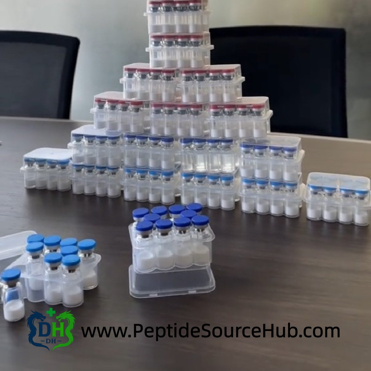 Bulk peptide kits stacked for wholesale supply, factory supplier inventory display