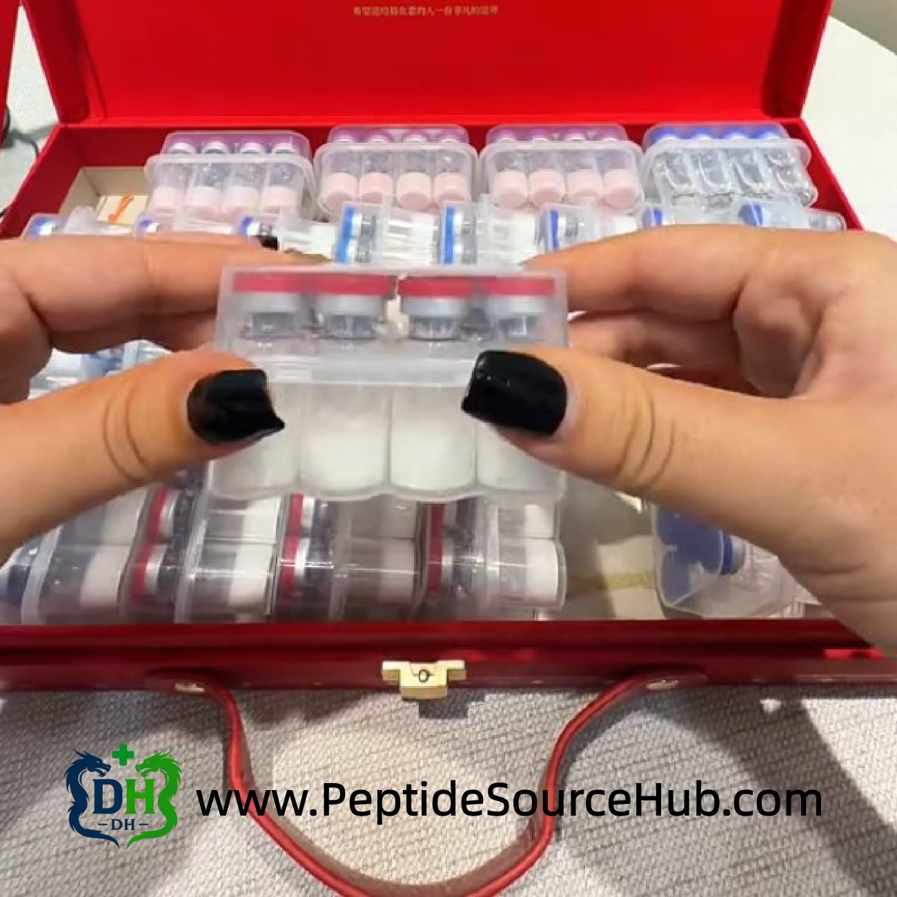 Small tray close-up with multiple vials for Adipotide wholesale bulk supply