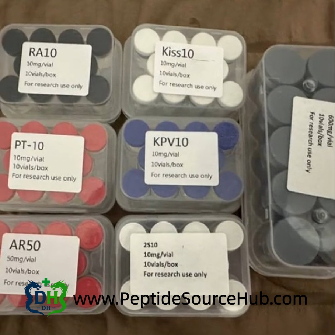 Assorted peptide kits in labeled trays, bulk inventory view