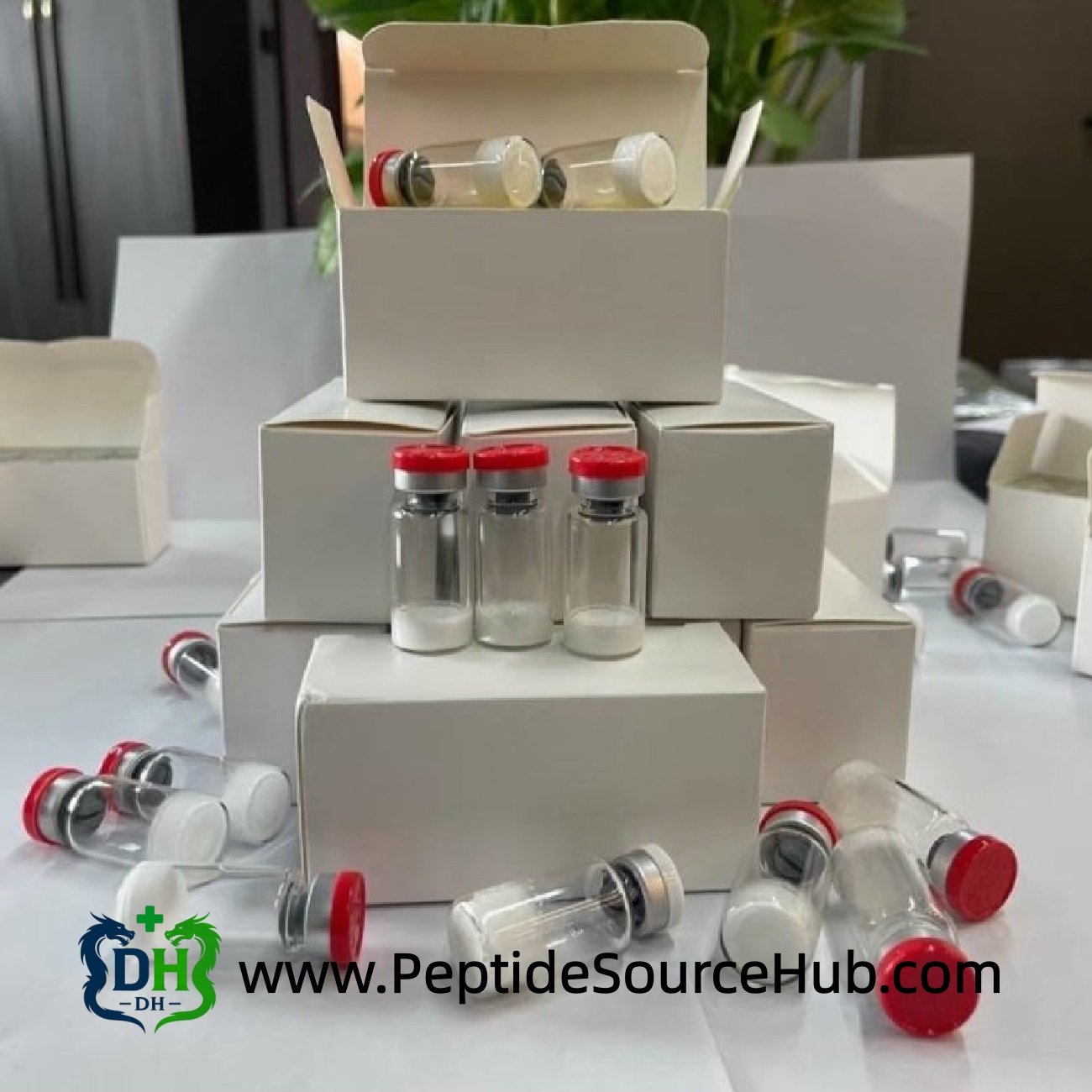 Export packing scene with boxed peptide kits and vials