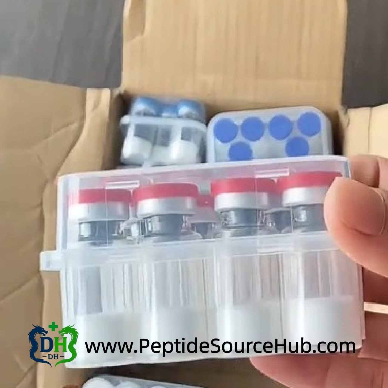 Close-up of a 10-vial tray in an open box, packing view