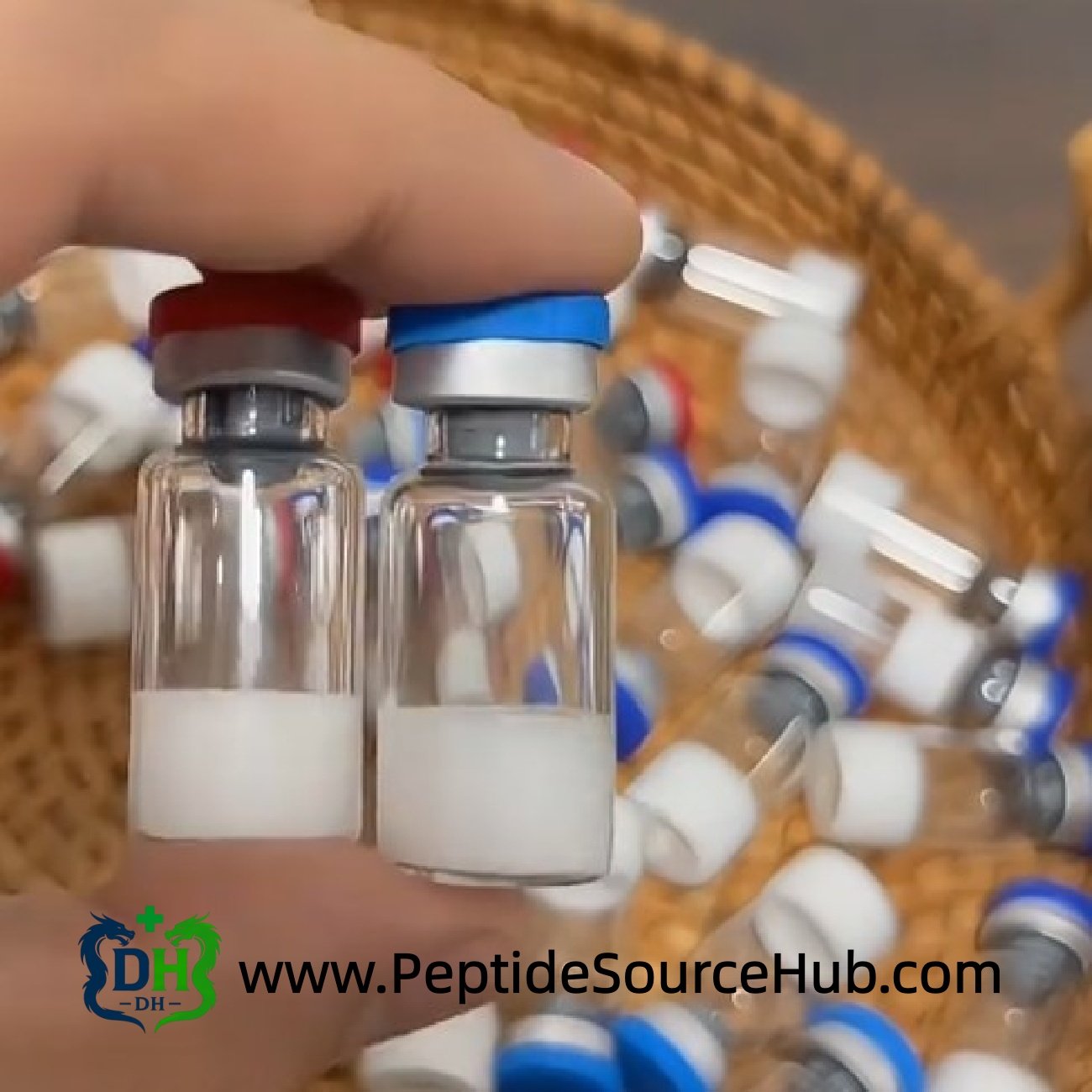 Two peptide vials with red and blue caps, lyophilized powder