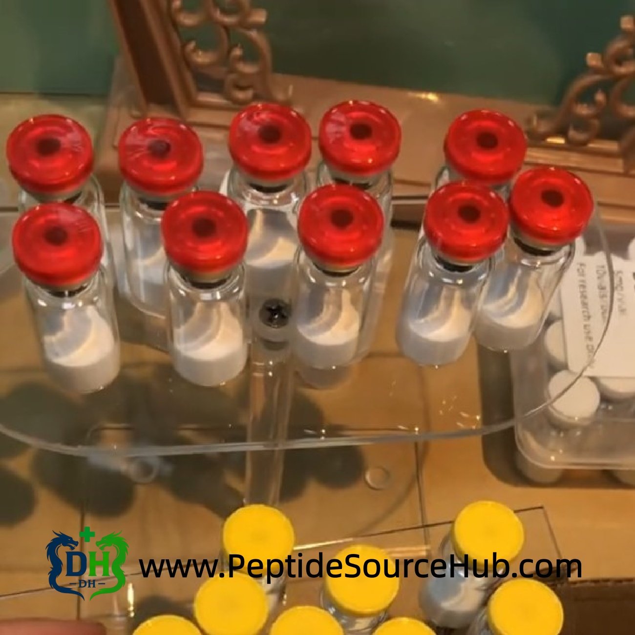 Peptide vials with red caps on a work surface, kit packaging
