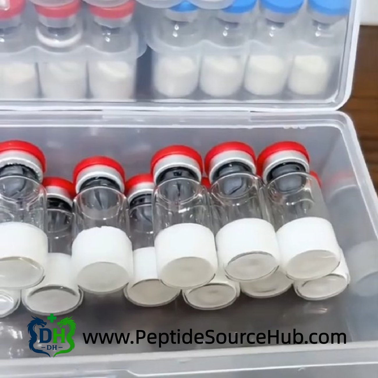 Multiple peptide vials stored in a plastic case, kit layout