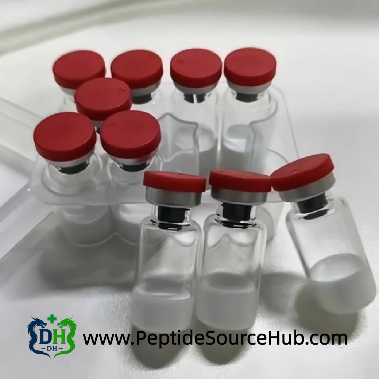 10-vial tray of lyophilized powder vials with red caps