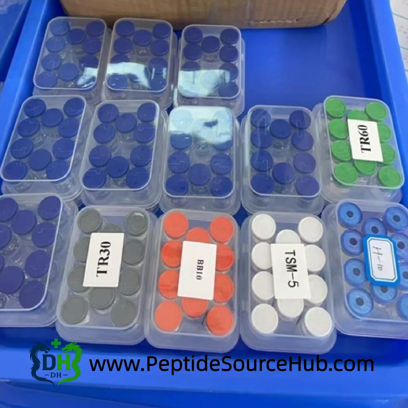 Blue tray with multiple kit boxes used for BPC-157 5 mg + TB-500 5 mg Blend wholesale inventory context