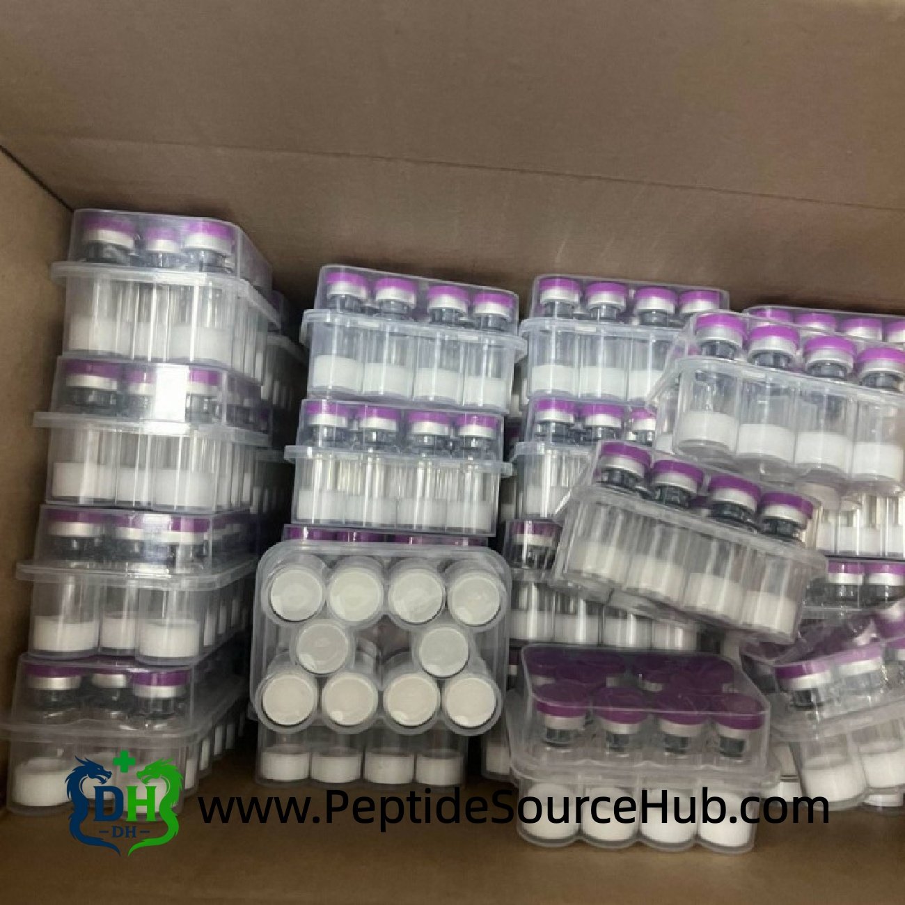 Carton packed with vial kits for BPC-157 5 mg + TB-500 5 mg Blend, bulk order preparation scene