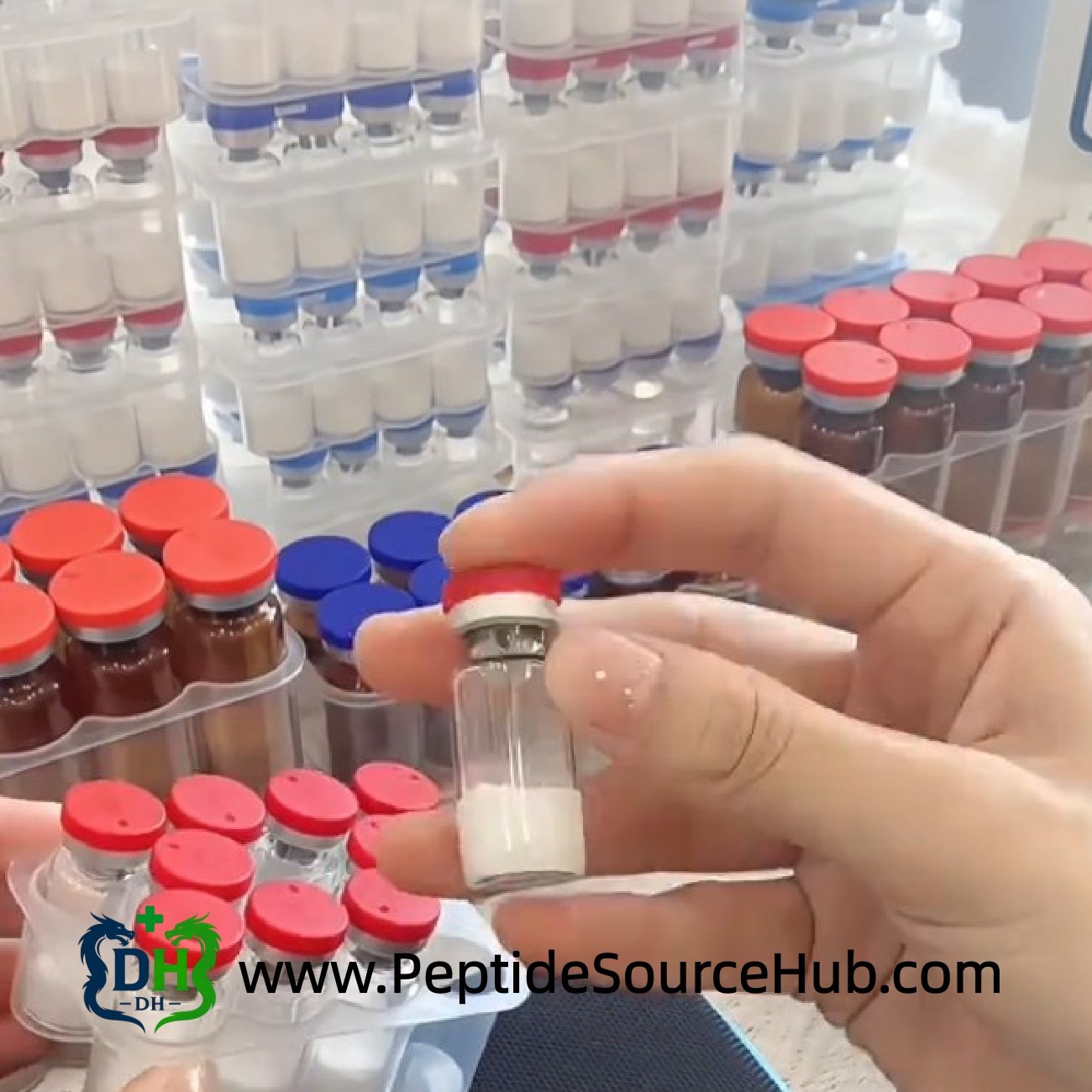 Vial-in-hand scene for CJC-1295 (No DAC) + Ipamorelin blend, wholesale fulfillment