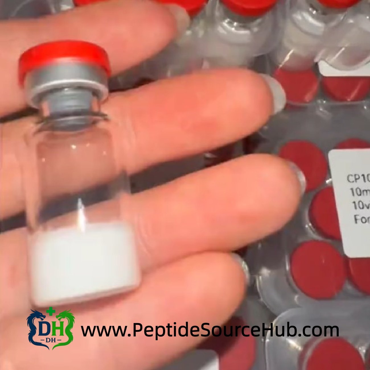 CJC-1295 (No DAC) + Ipamorelin blend vial close-up, lyophilized powder