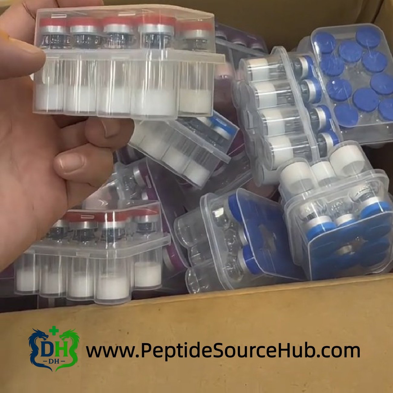 Tray-in-hand image for CJC-1295 (No DAC) + Ipamorelin blend packaging, bulk supply