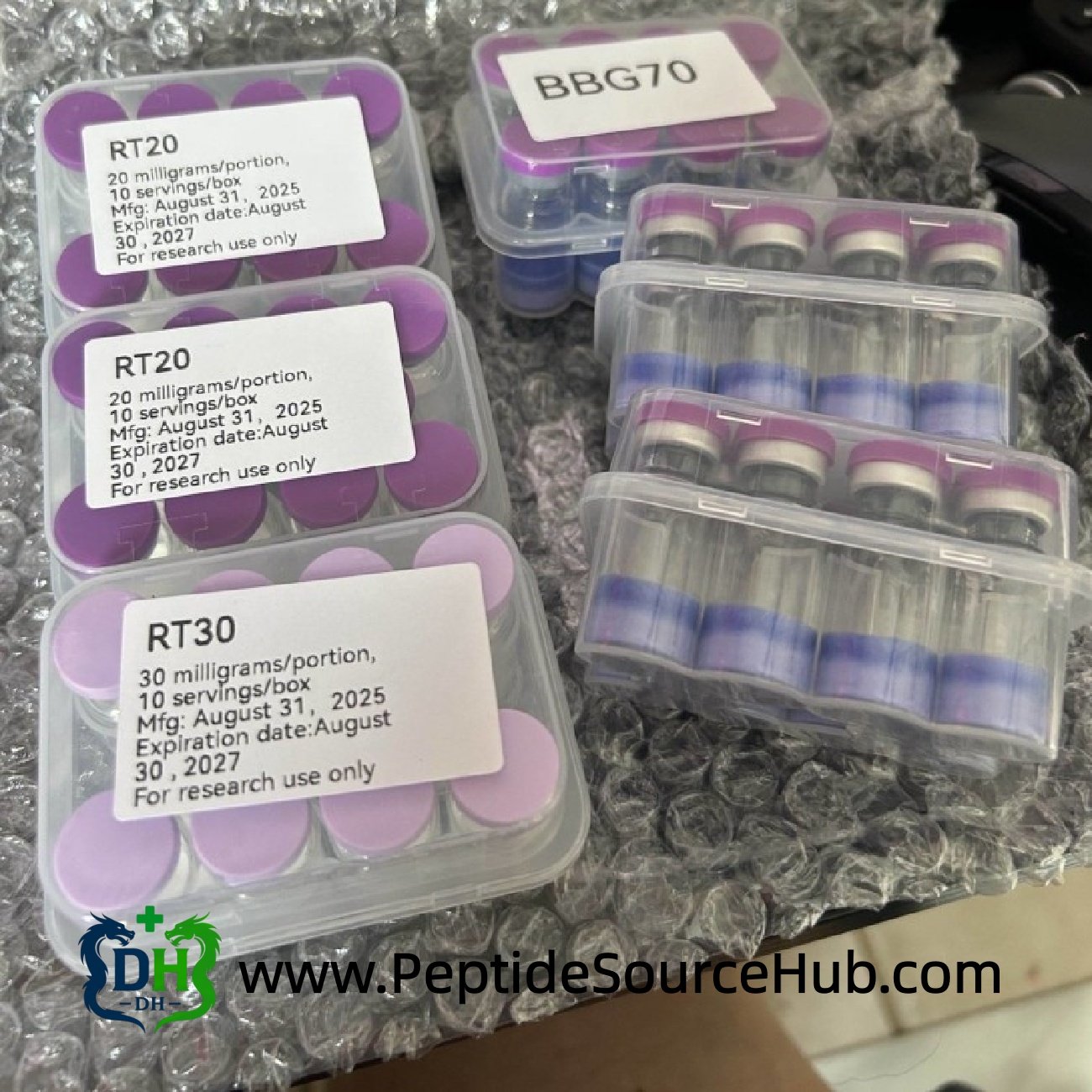 BBG70 Glow and RT series peptide trays on bubble wrap