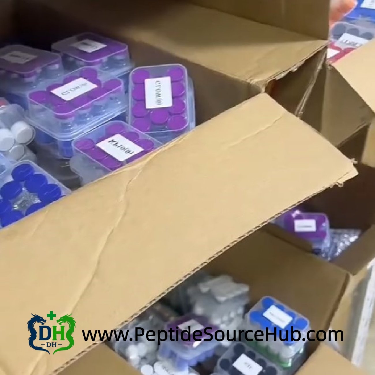 Carton filled with Glow purple cap peptide trays