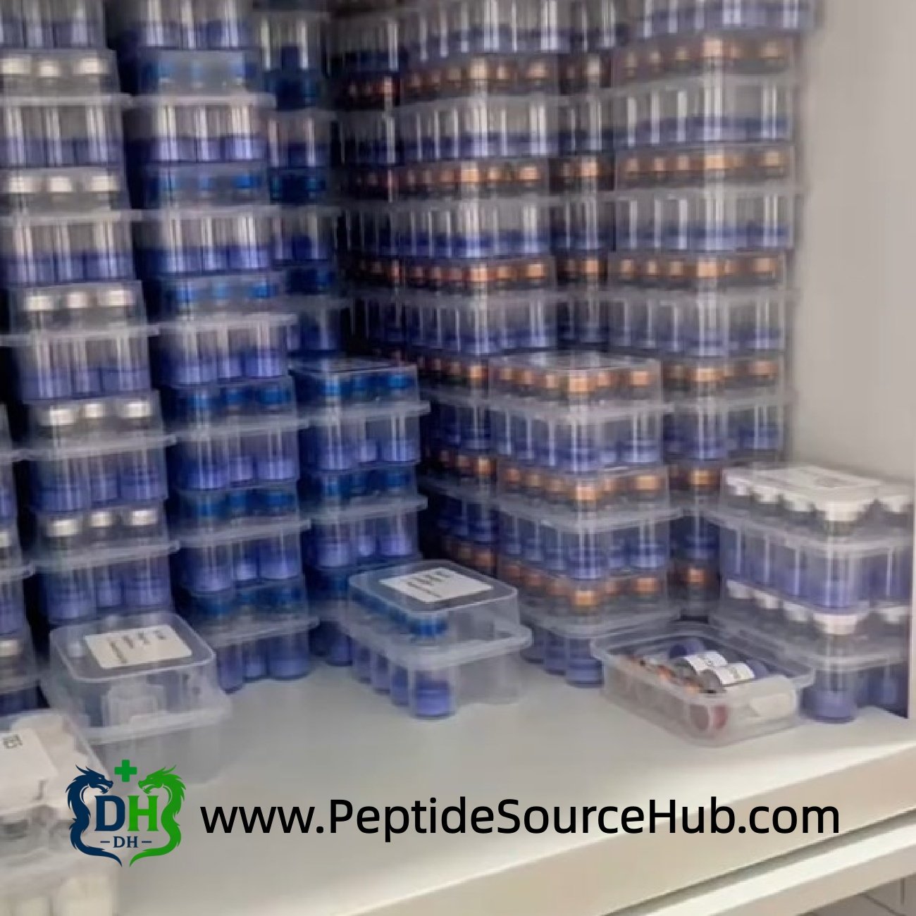 Storage cabinet stacked with blue copper peptide trays