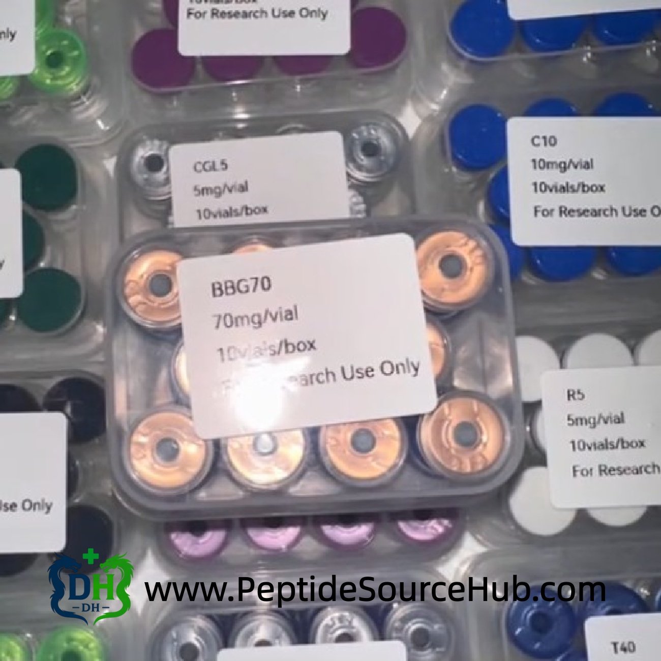 Top view of BBG70 and other peptide trays with colored caps