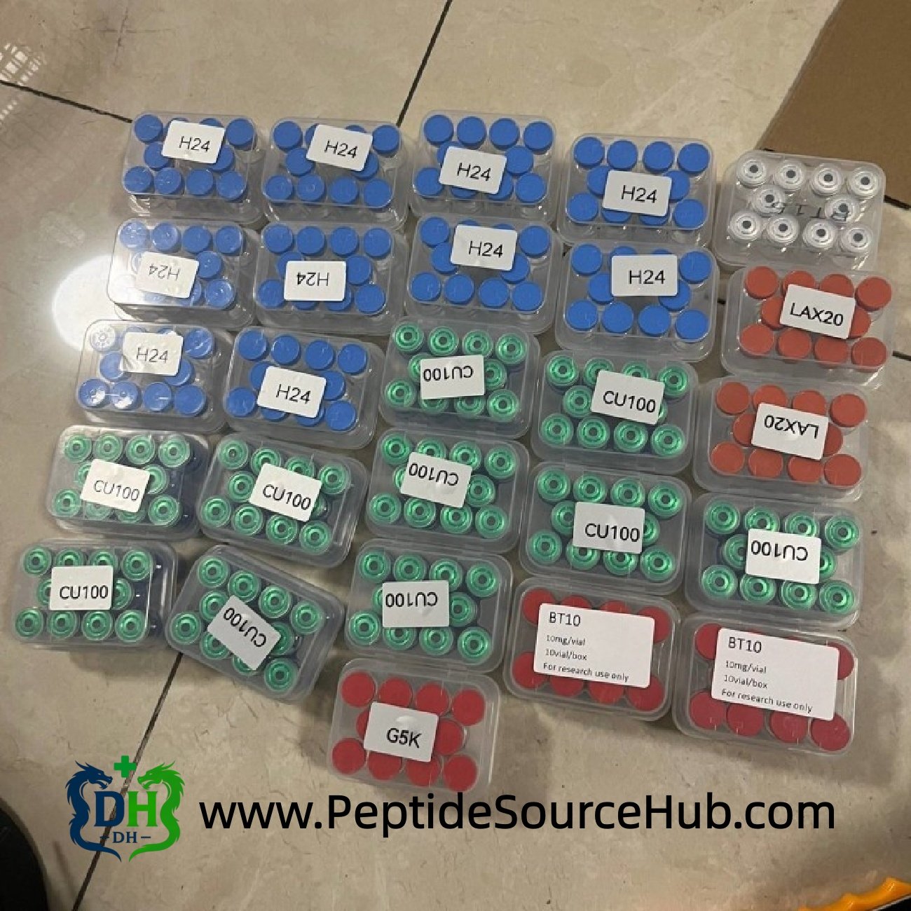 Custom-Dose HGH H24 and CU100 trays with blue and green caps