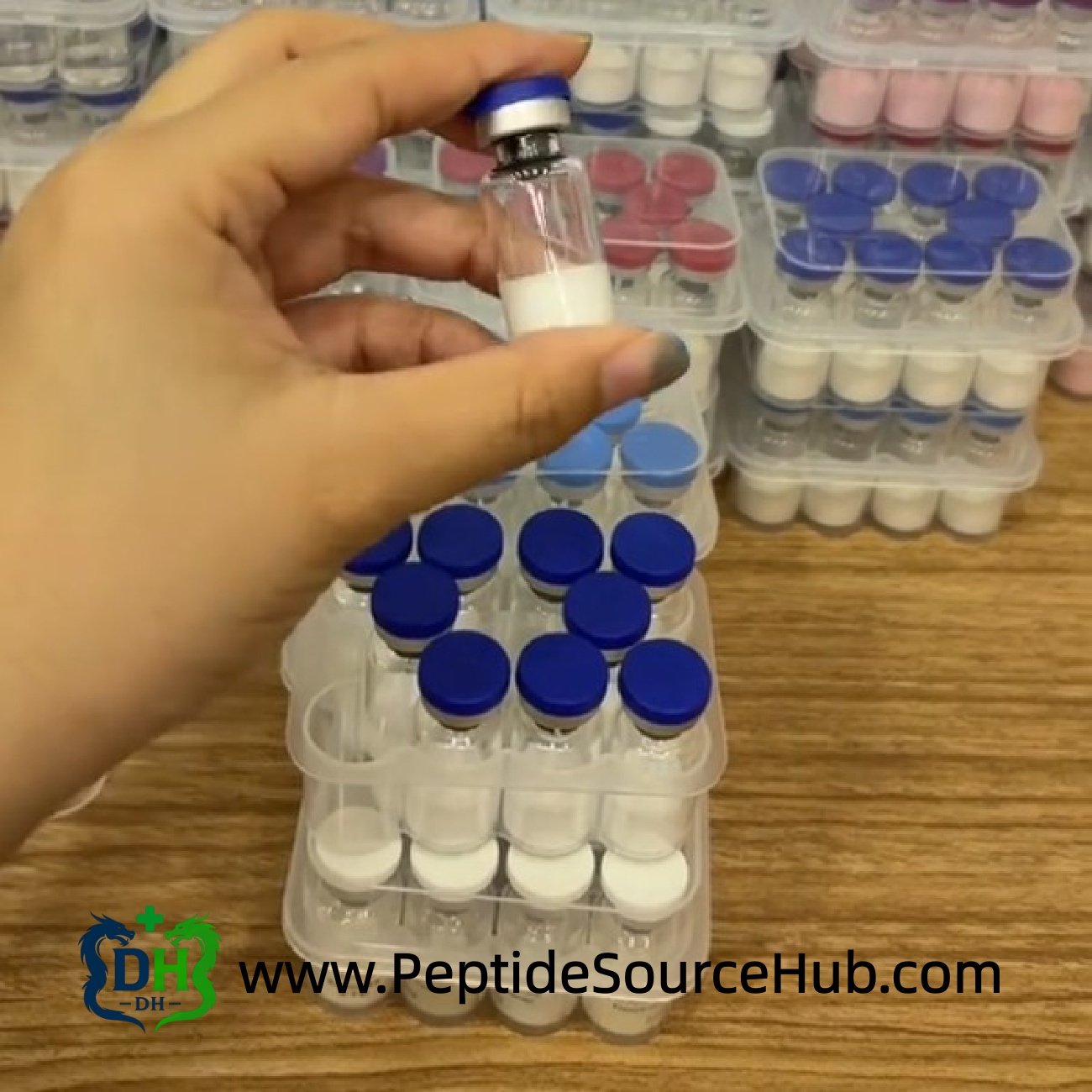 Follistatin-344 peptide vial held above full tray on table