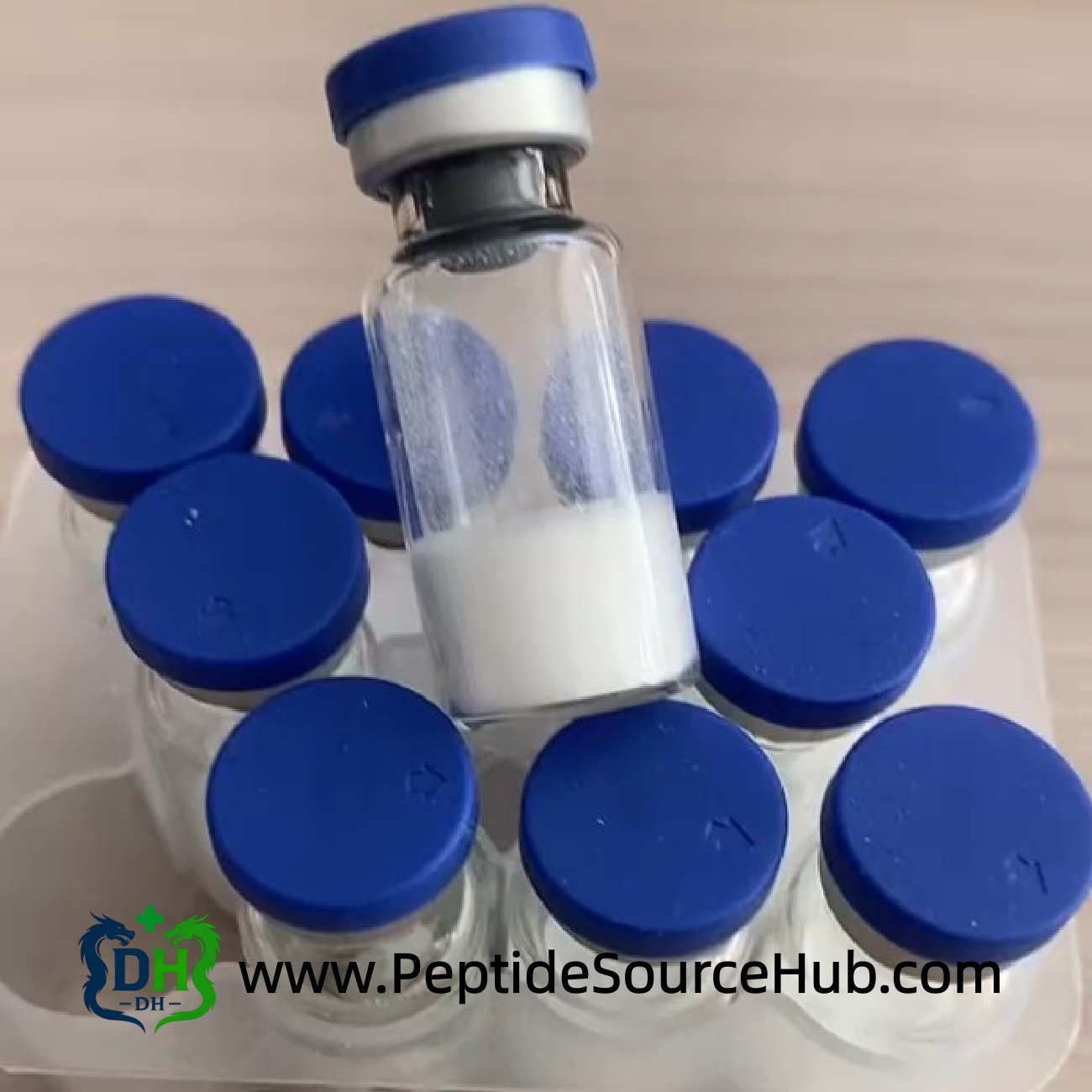 FOXO4 peptide vial lying across a tray of vials