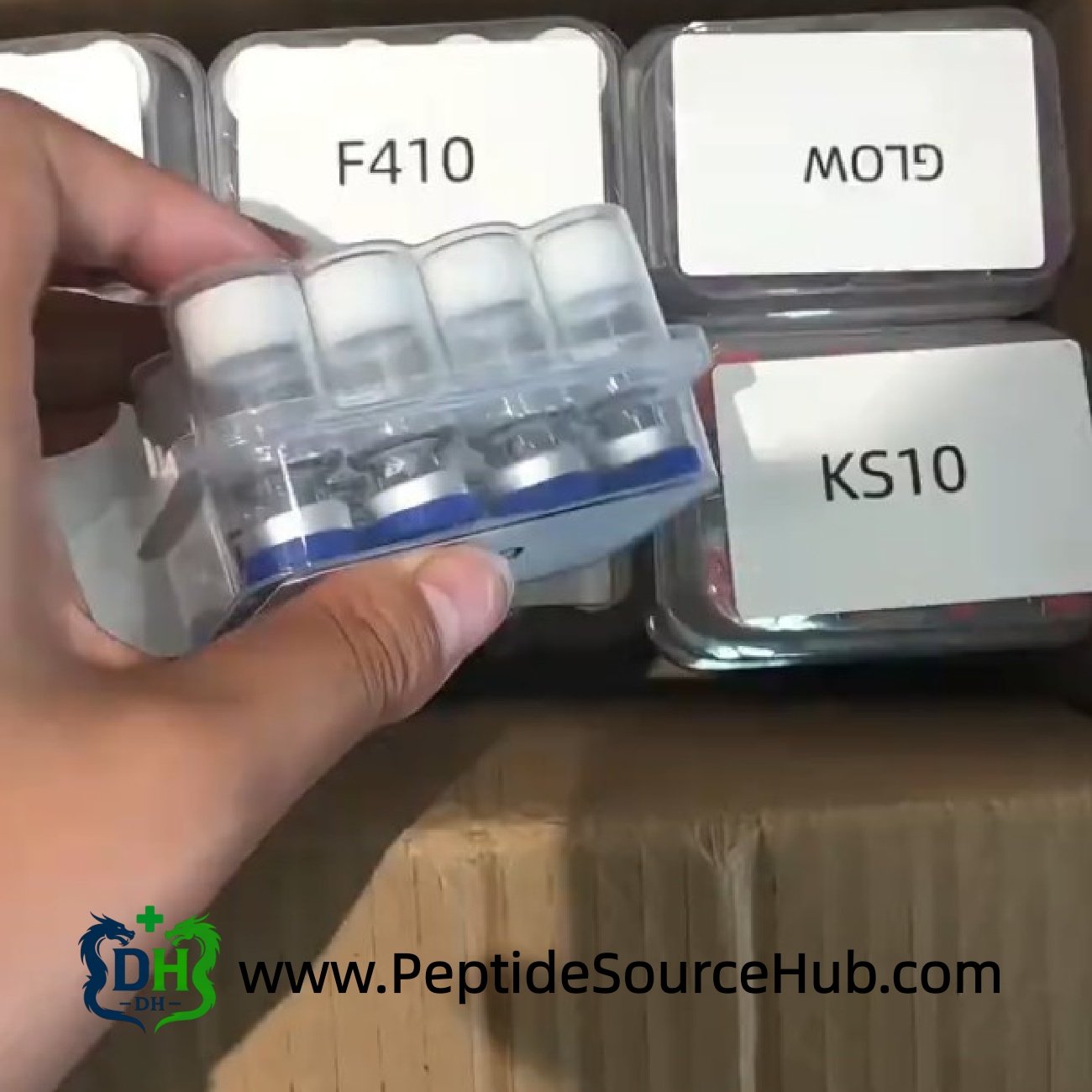 FOXO4 peptide vials in plastic tray with blue caps