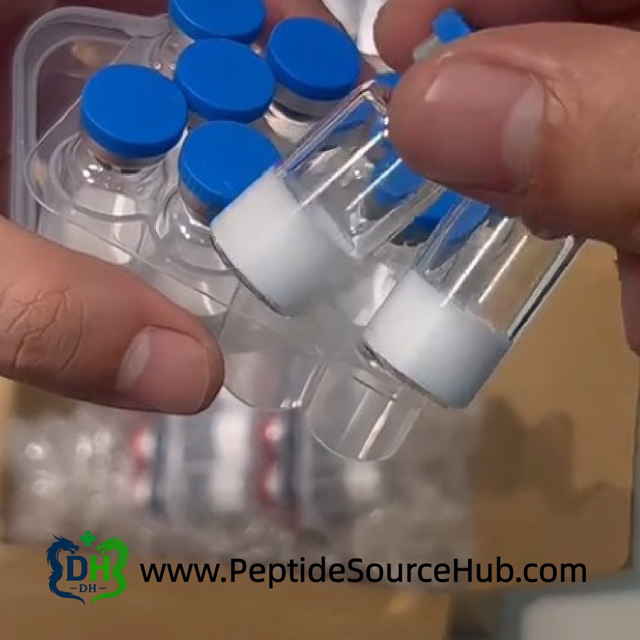 FOXO4 peptide 10 mg vials close-up with blue caps