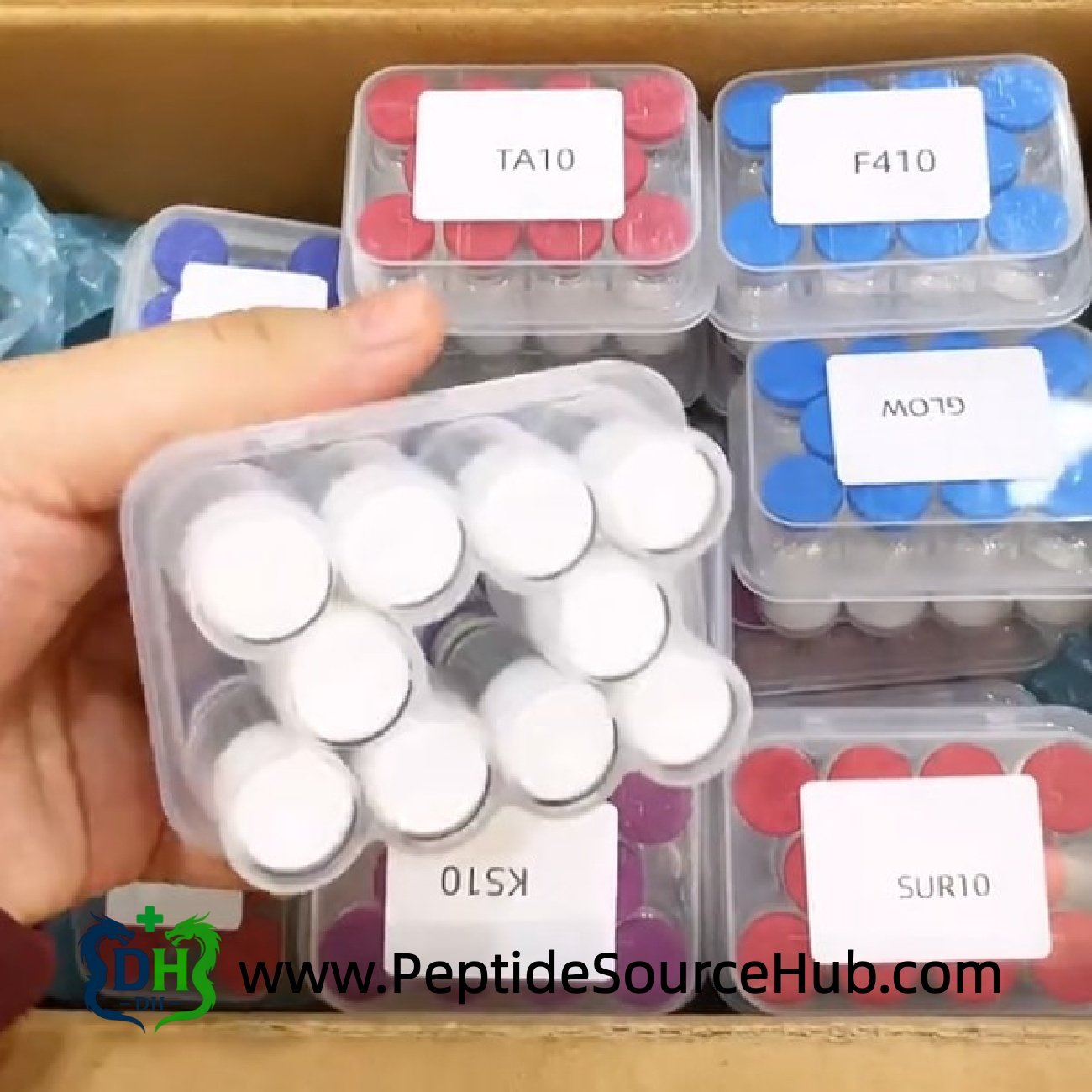 FOXO4 peptide 10 mg vials with blue caps in tray