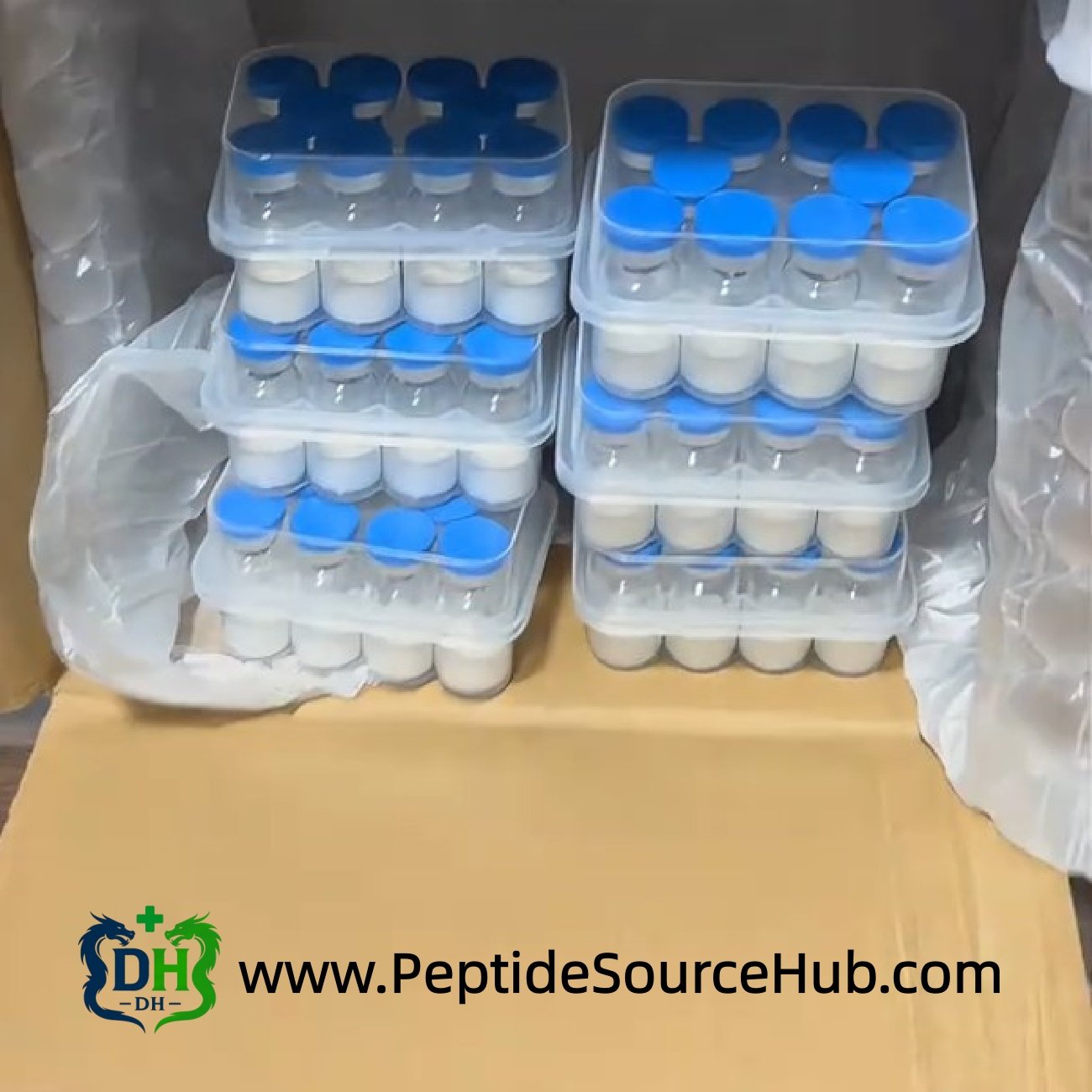 Stacked trays of FOXO4 peptide vials with blue caps