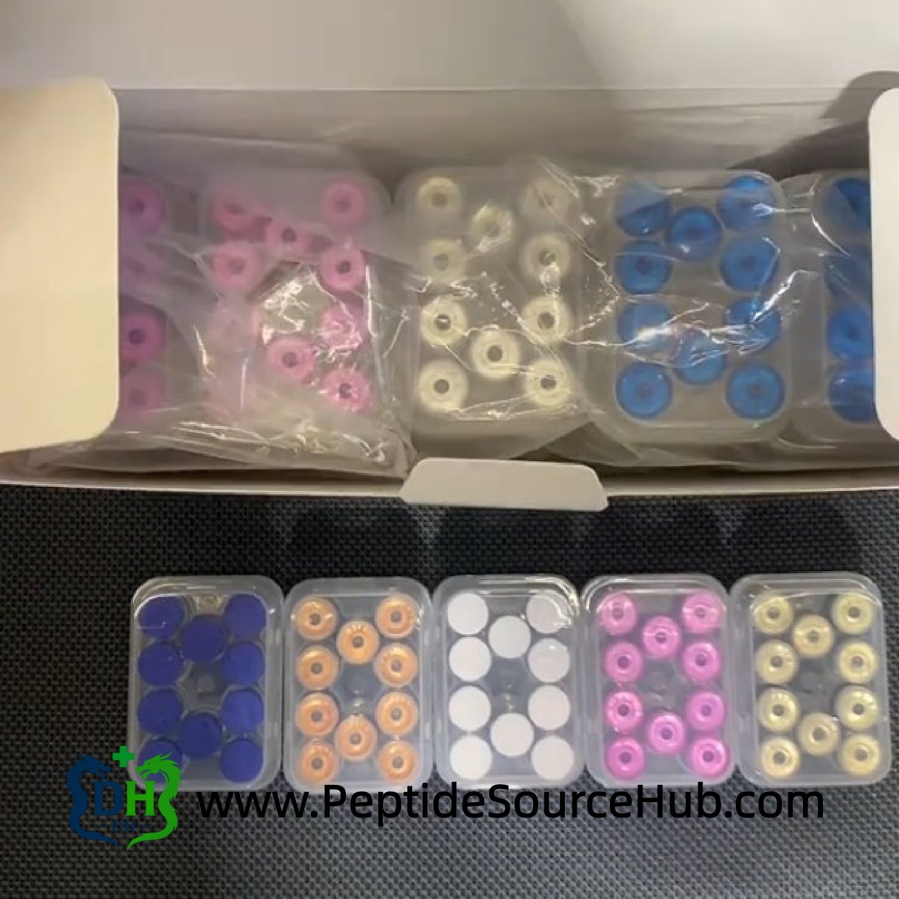 Export carton with mixed peptide trays including HGH Fragment 176-191