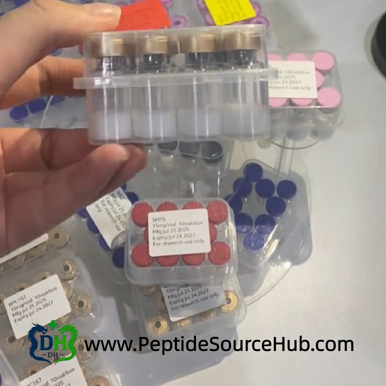 Labelled HGH Fragment 176-191 tray among assorted peptide kits