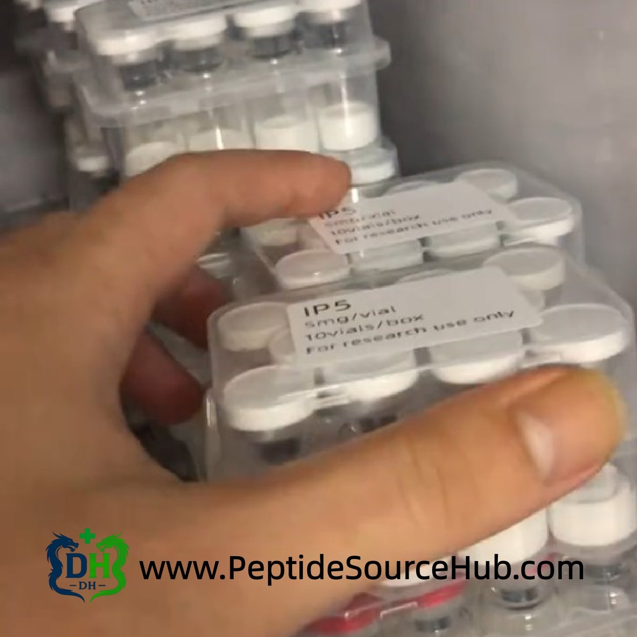 Ipamorelin IP5 5 mg vials in cold storage tray