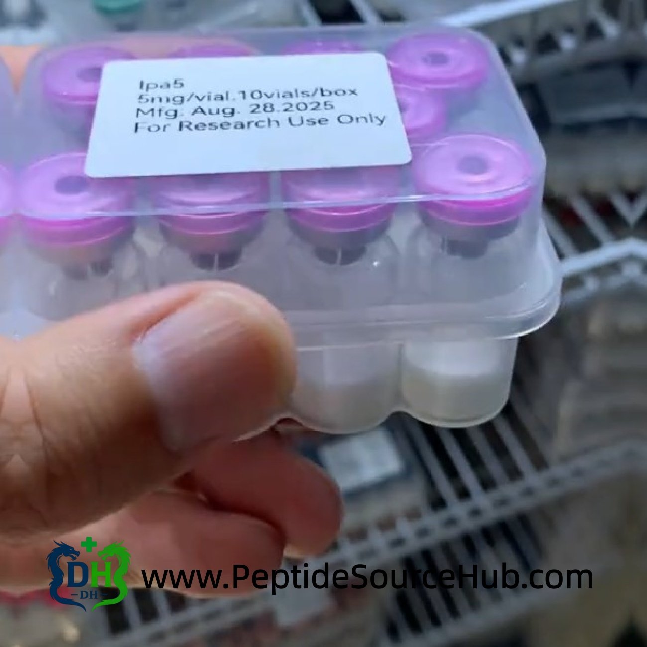 Ipamorelin 5 mg vials labelled Ipa5 in plastic tray