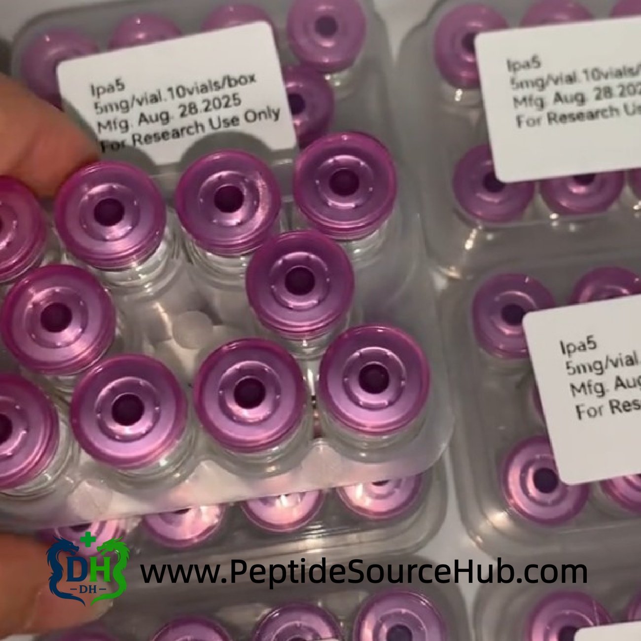 Stacked Ipamorelin 5 mg purple cap trays in stock