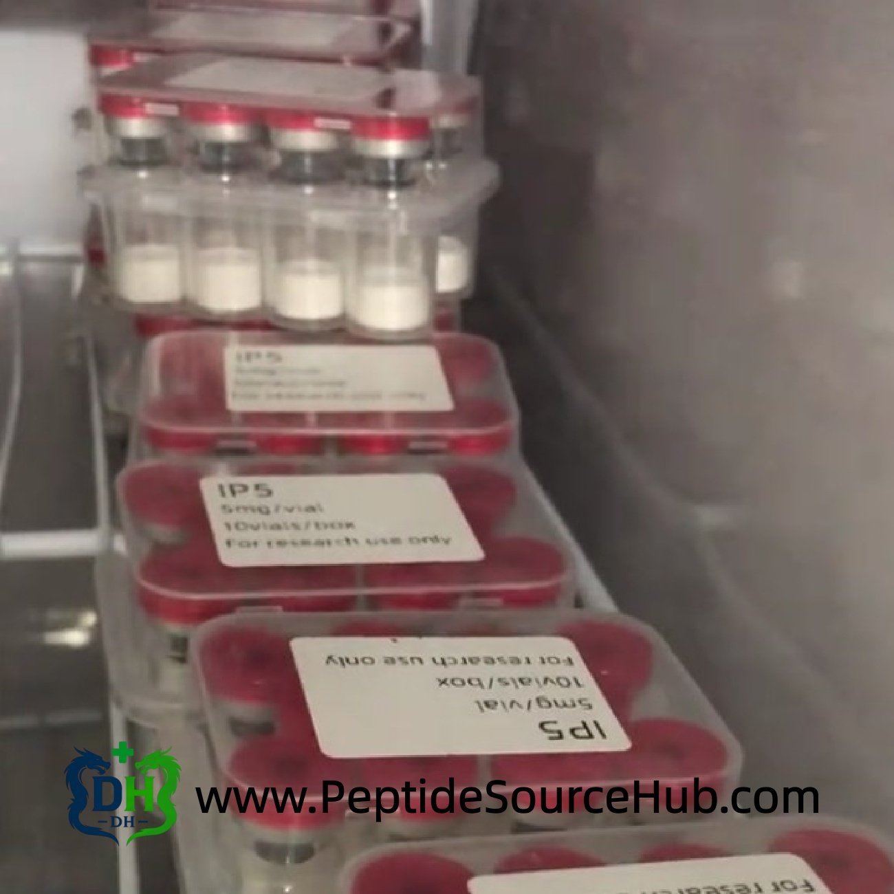 Ipamorelin IP5 research vials stored in controlled fridge