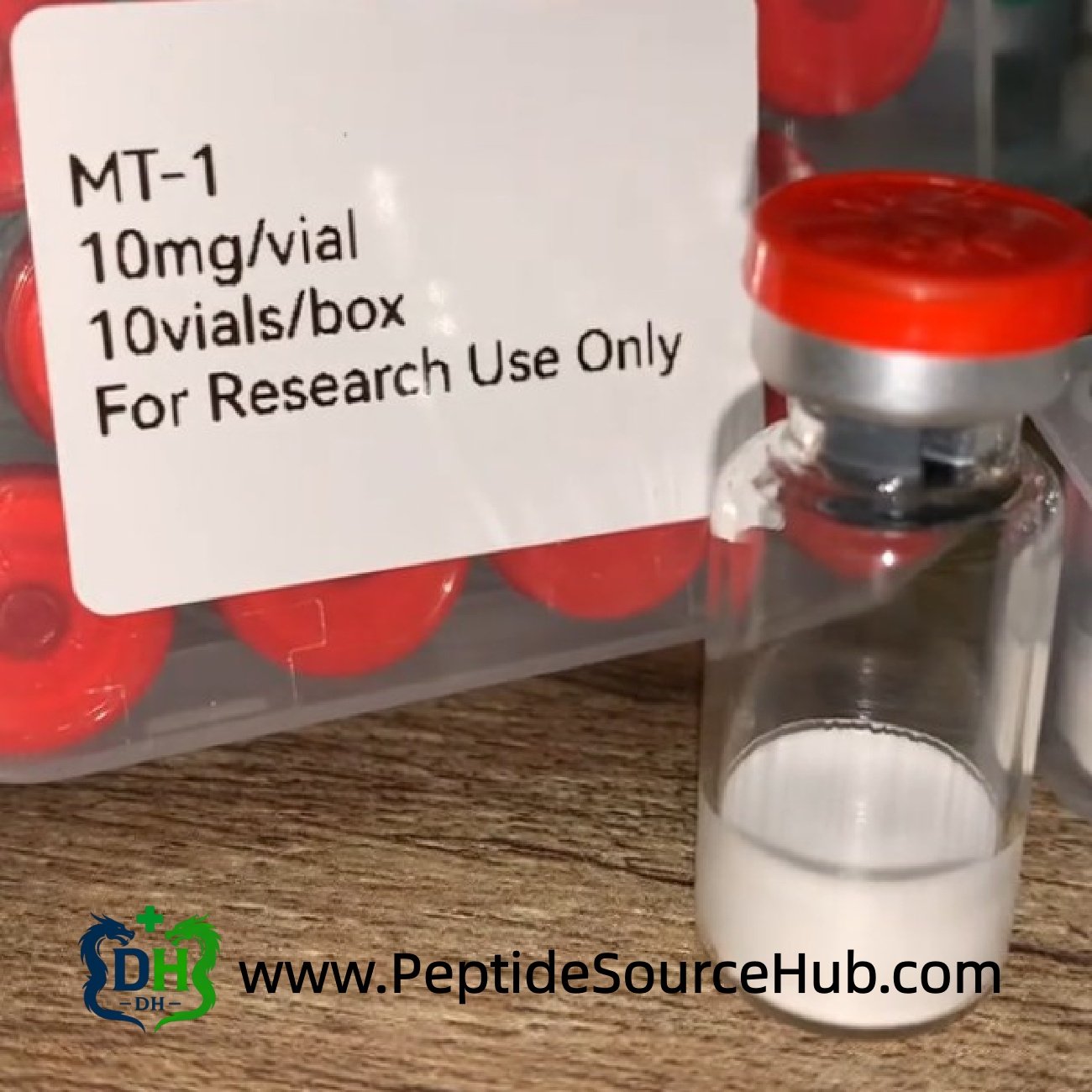 Single Melanotan I MT1 10mg vial with red cap in front of box label