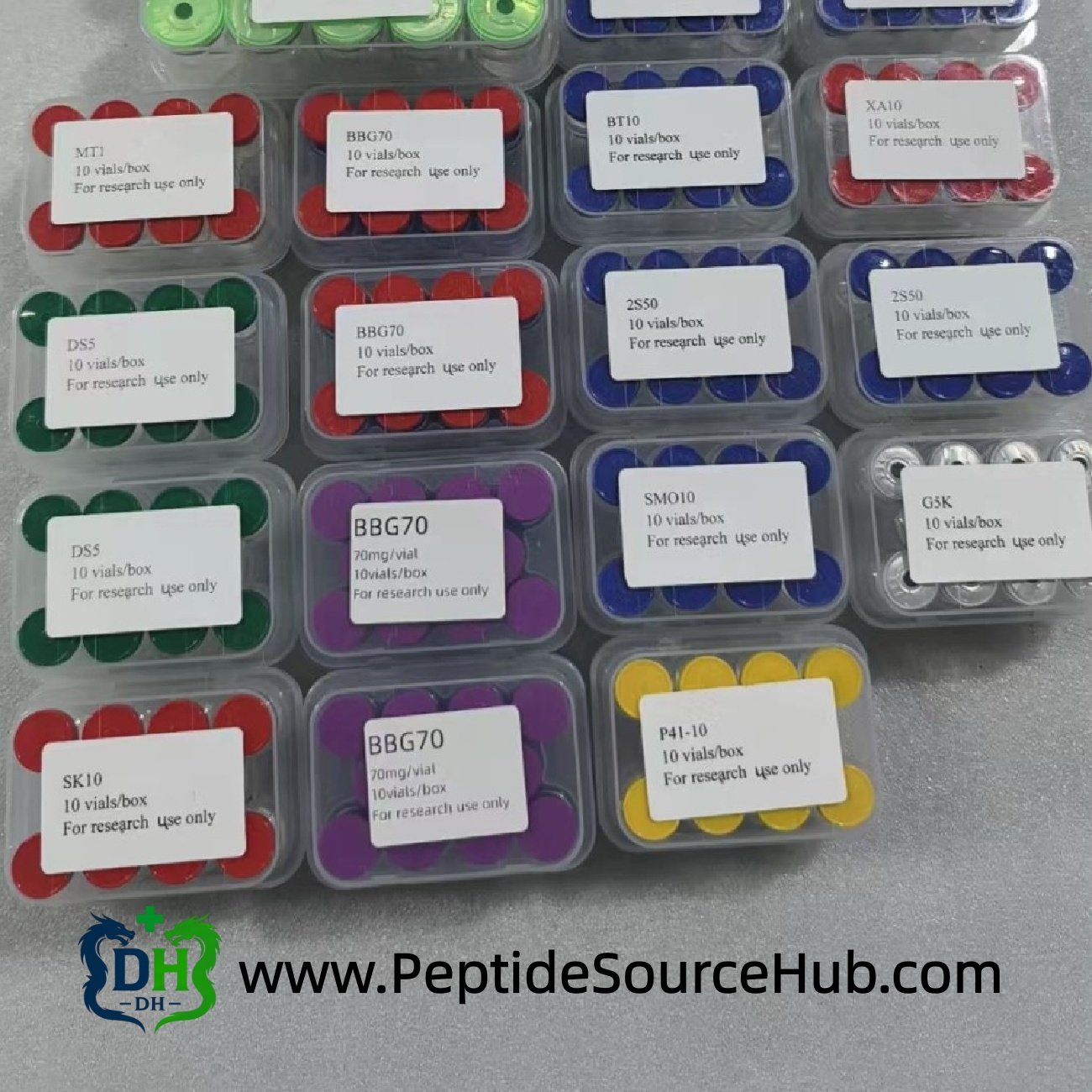 Assorted peptide kits including Melanotan I MT1 10mg arranged on tabletop