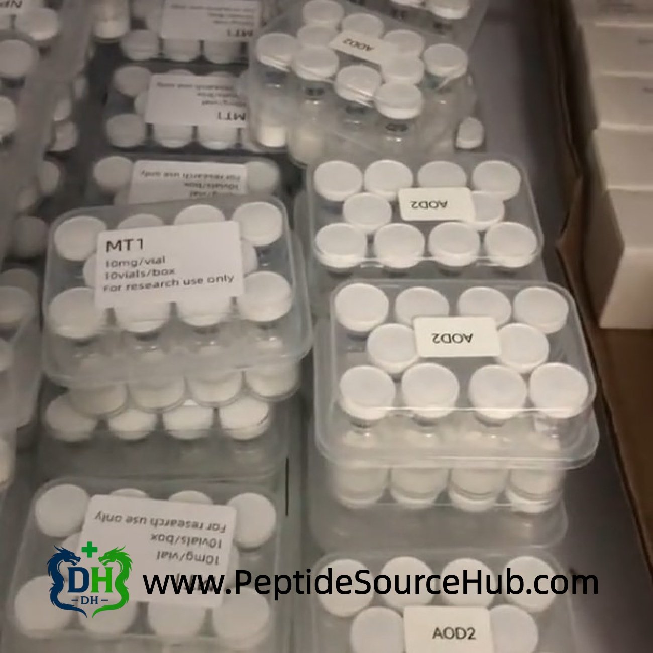 Melanotan I MT1 10mg and AOD2 vials stored in cold room trays