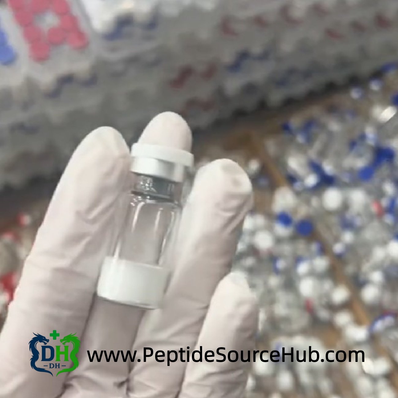 Melanotan I MT1 10mg white-cap vial with lyophilized powder held in gloved hand