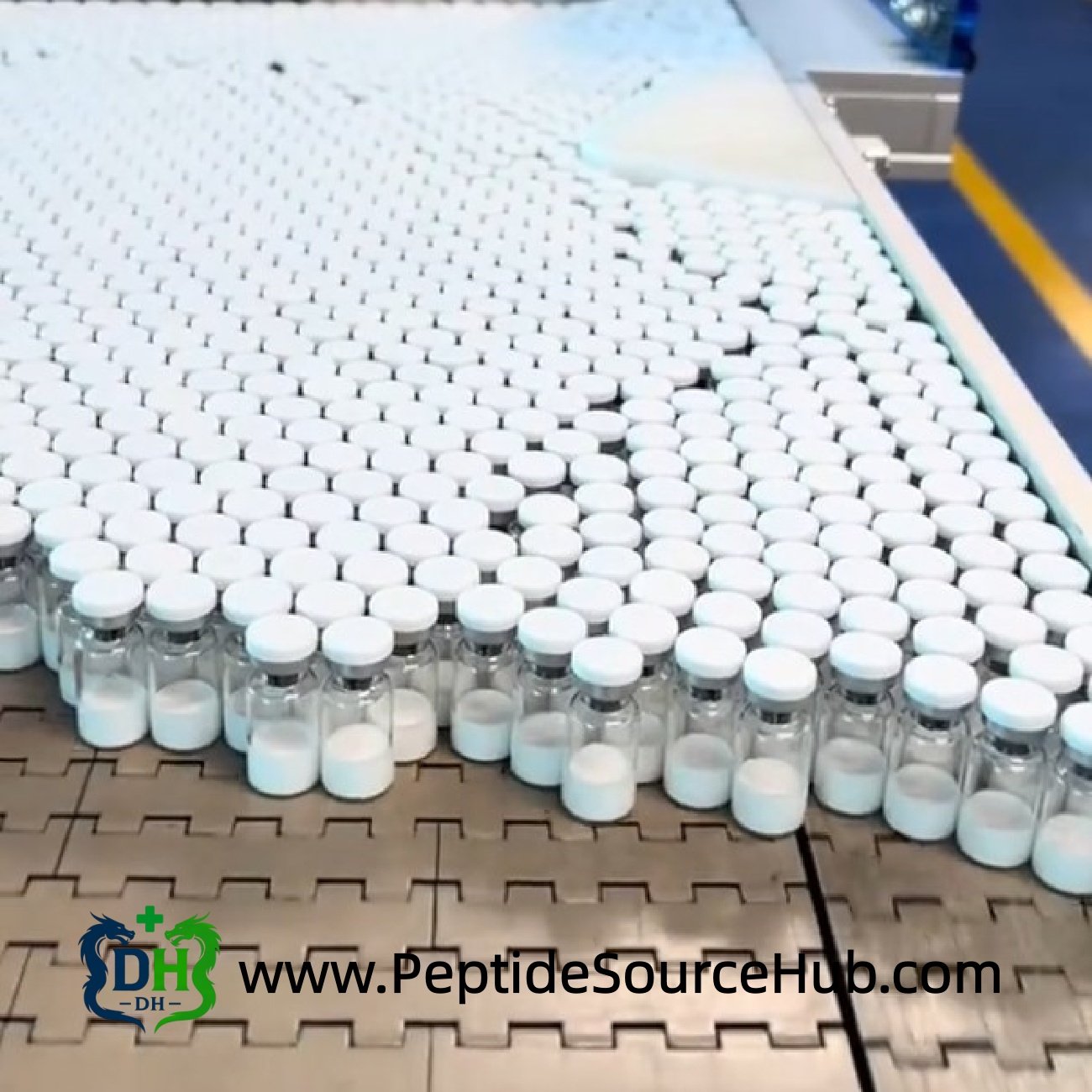 Automated line with hundreds of white-capped peptide vials