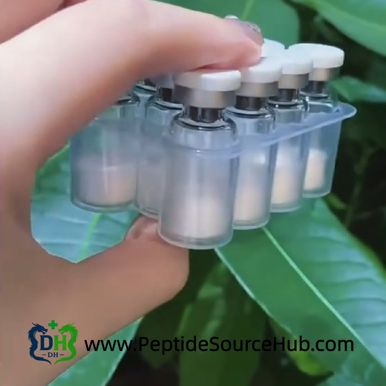 Hand holding tray of white cap Melatonin 10 mg vials