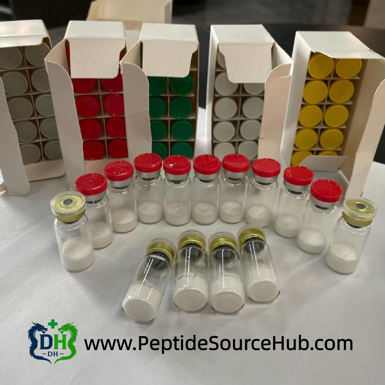 Melatonin 10 mg vials with red and yellow caps in boxes