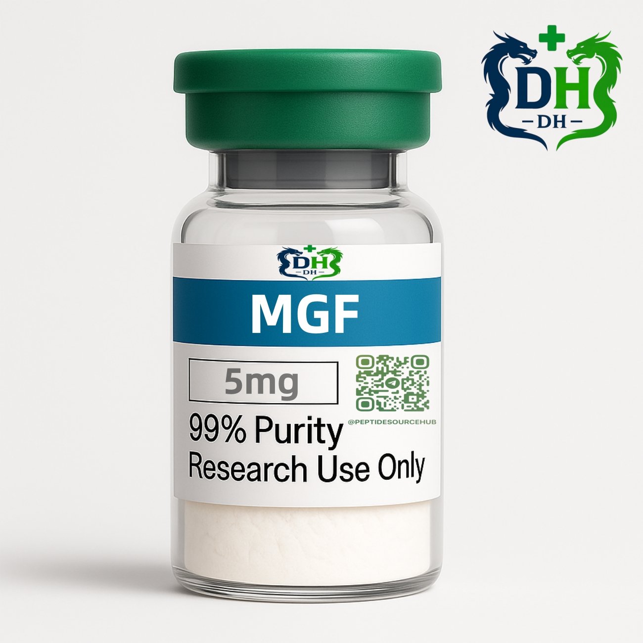 MGF peptide vial with green cap and 5 mg label