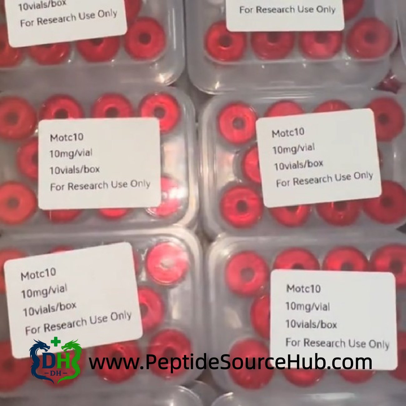 Top view of MOTS-C 10 mg peptide trays with red caps