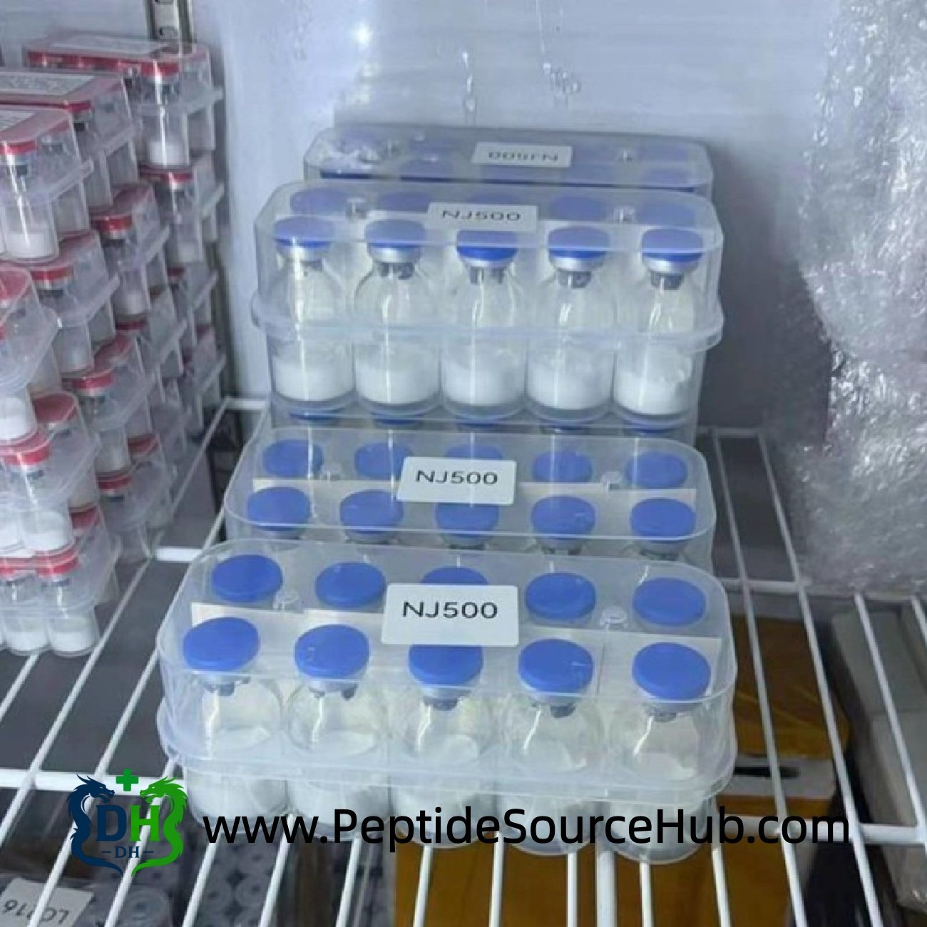 NJ500 NAD+ vials with blue caps stored in freezer