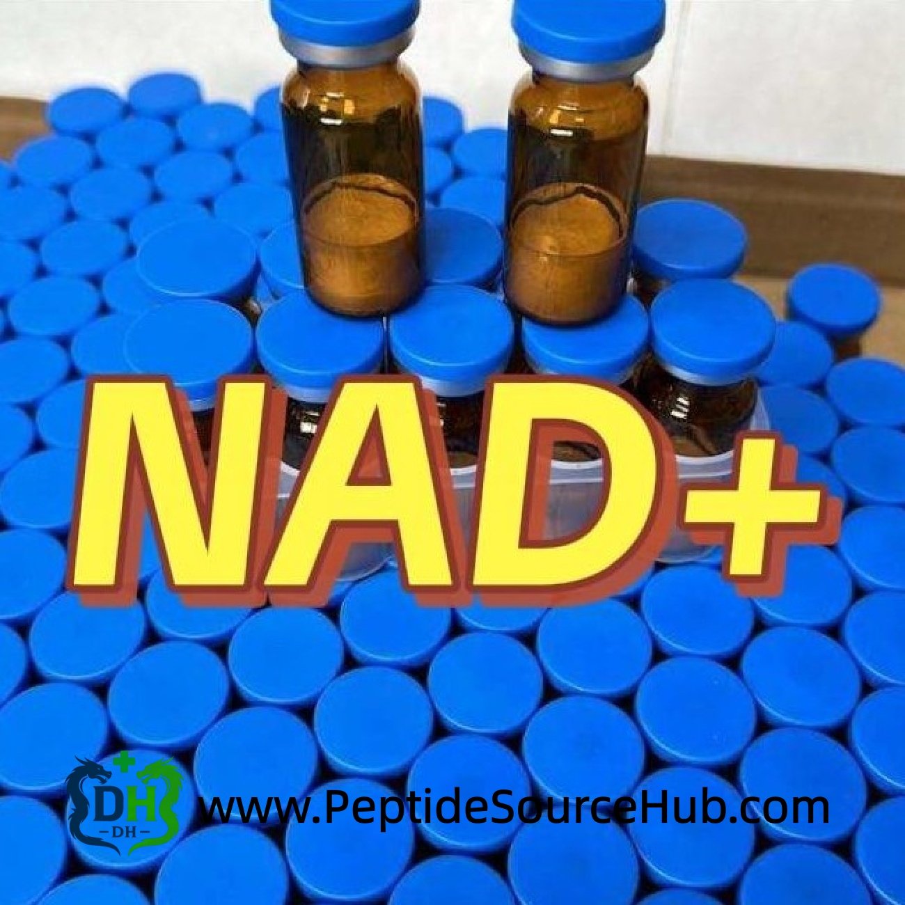 NAD+ amber vials on blue caps background