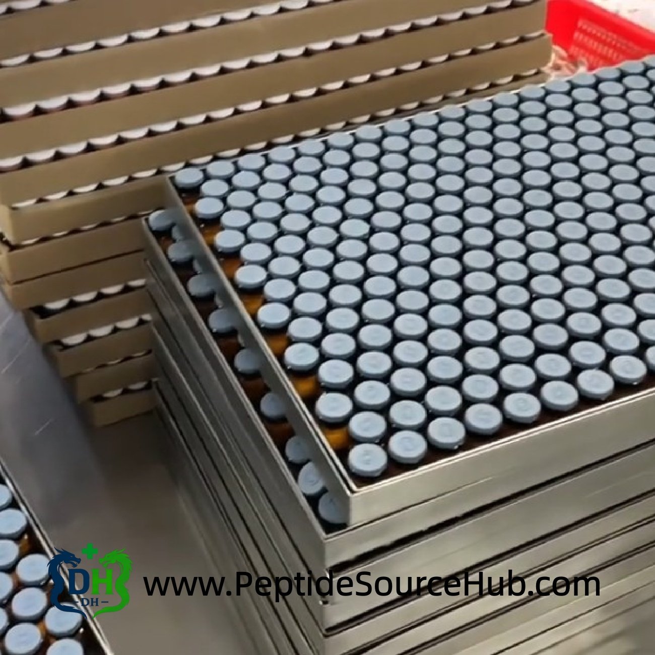 Full tray of NAD+ amber vials with light blue caps