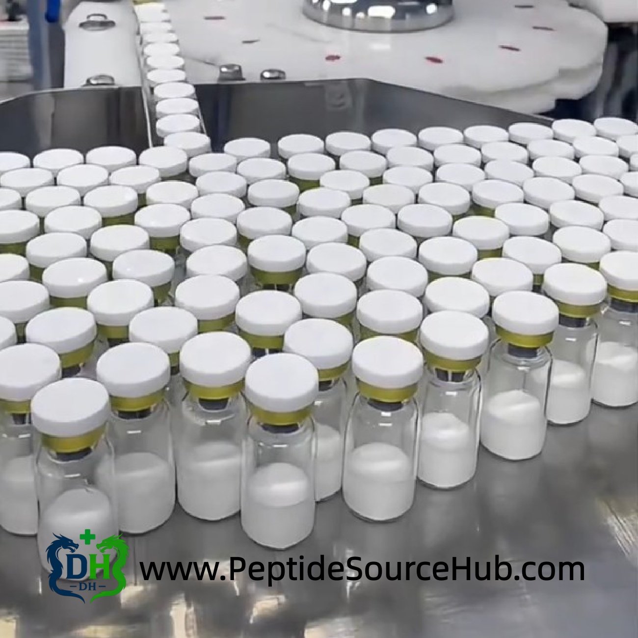 Oxytocin Acetate vials moving along stainless conveyor