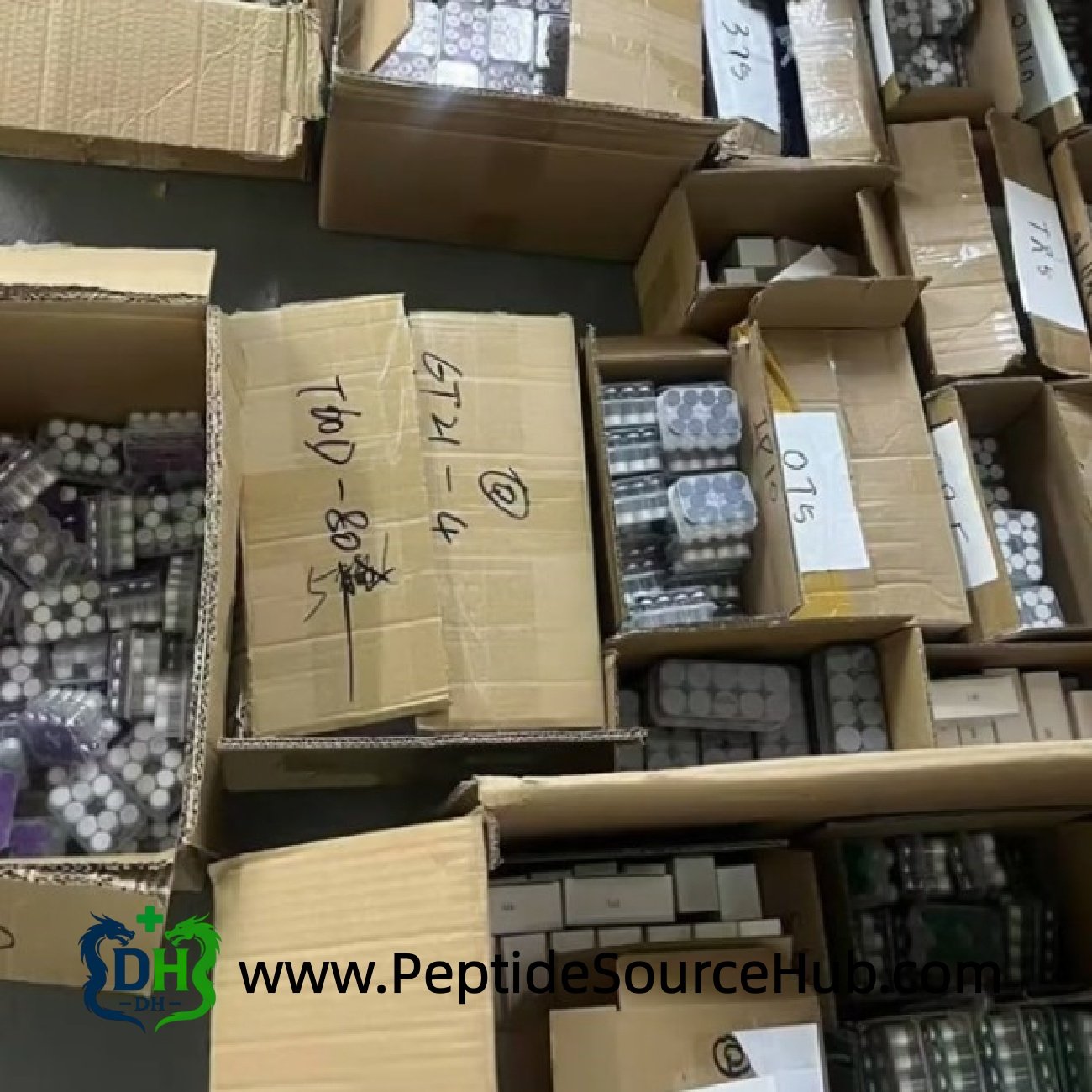 Cartons filled with sorted peptide vial trays for shipment