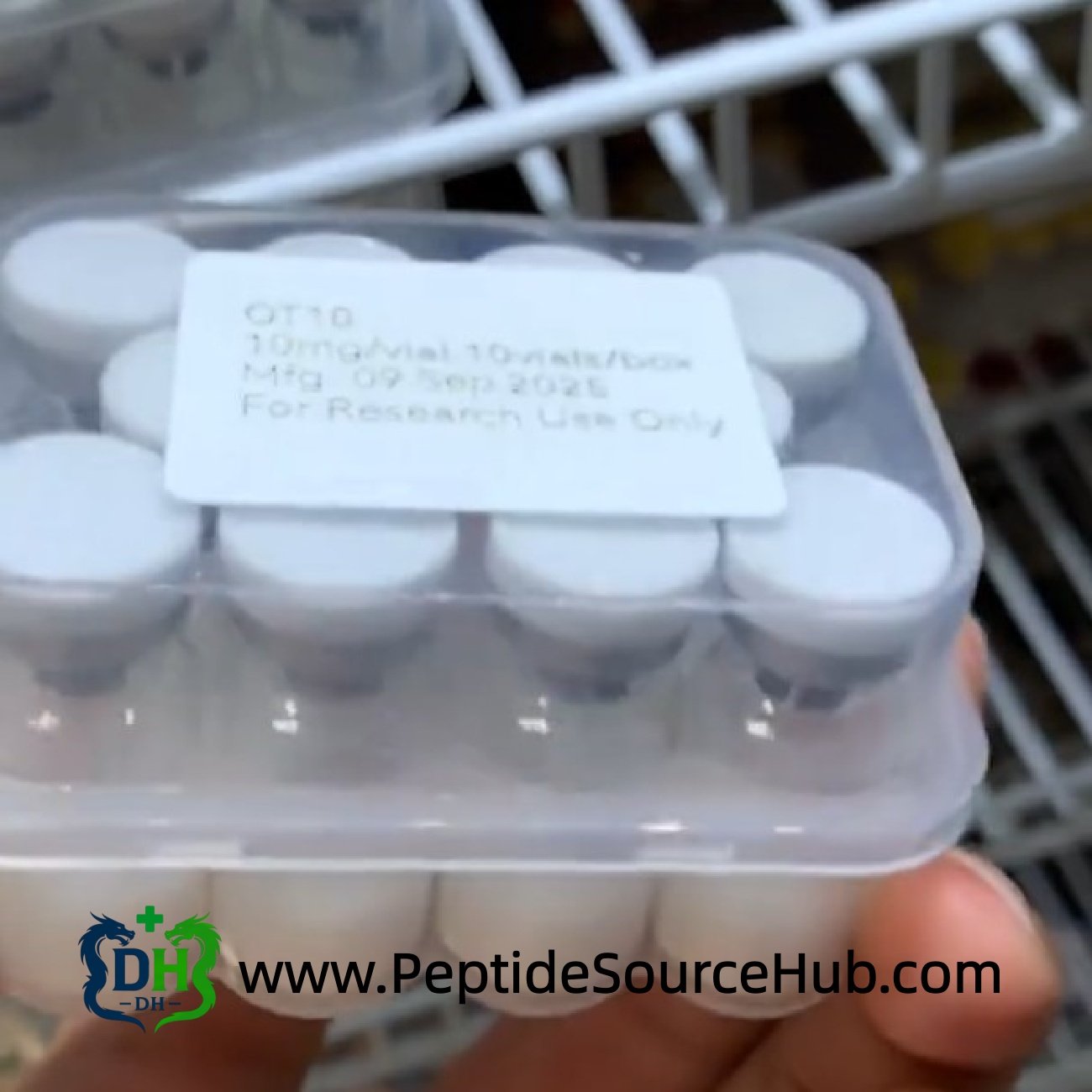 OT10 labeled peptide tray with white caps in fridge