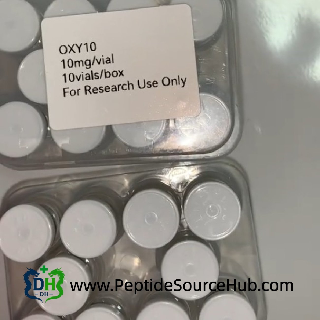 OXY10 labeled Oxytocin peptide vials in plastic tray