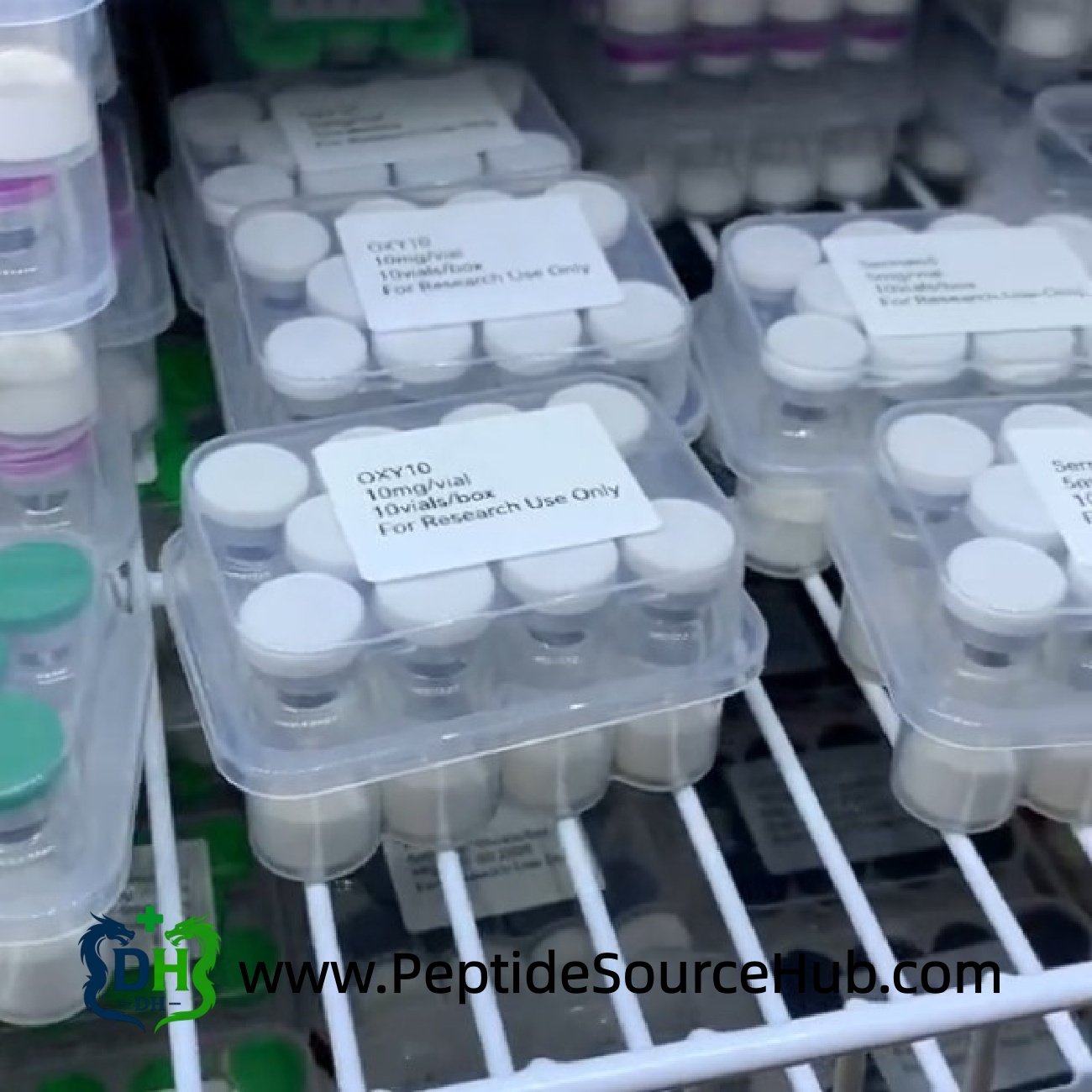 Multiple OXY10 Oxytocin trays stored on fridge rack